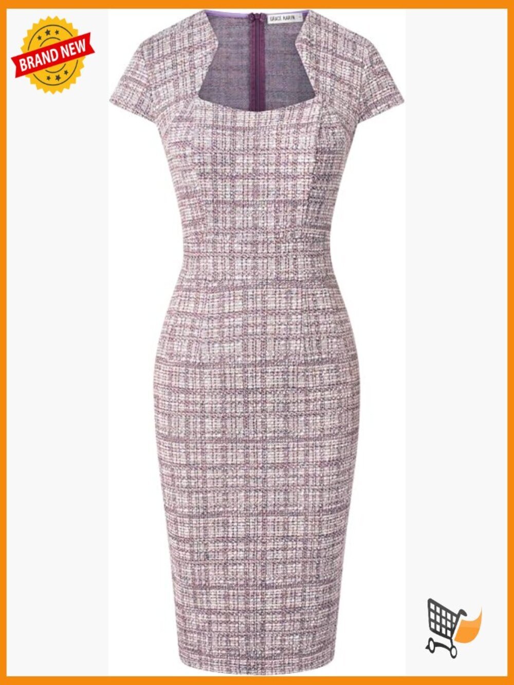 Cap Sleeve Tweed Pencil Dress for Work Bodycon Knee-Length